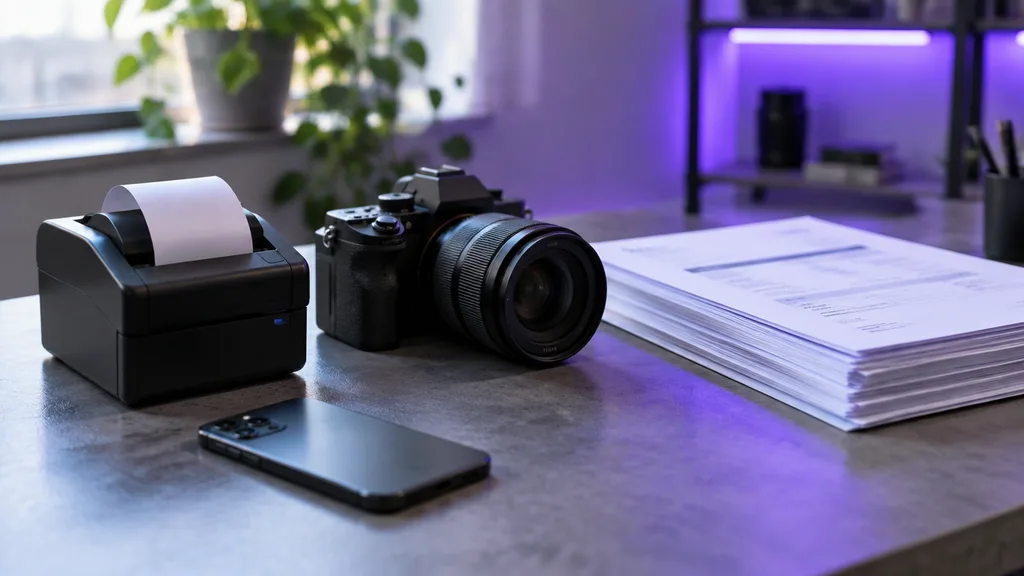 Biurko fotografa w fioletowym świetle: laptop z otwartym programem do faktur, drukowany paragon, telefon, karta pamięci i aparat odłożony na bok
