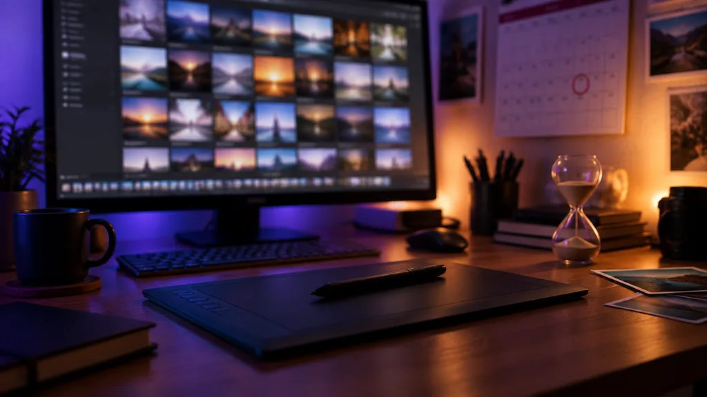 Monitor z otwartym programem do obróbki zdjęć i kalendarz ścienny na biurku fotografa w fioletowym świetle