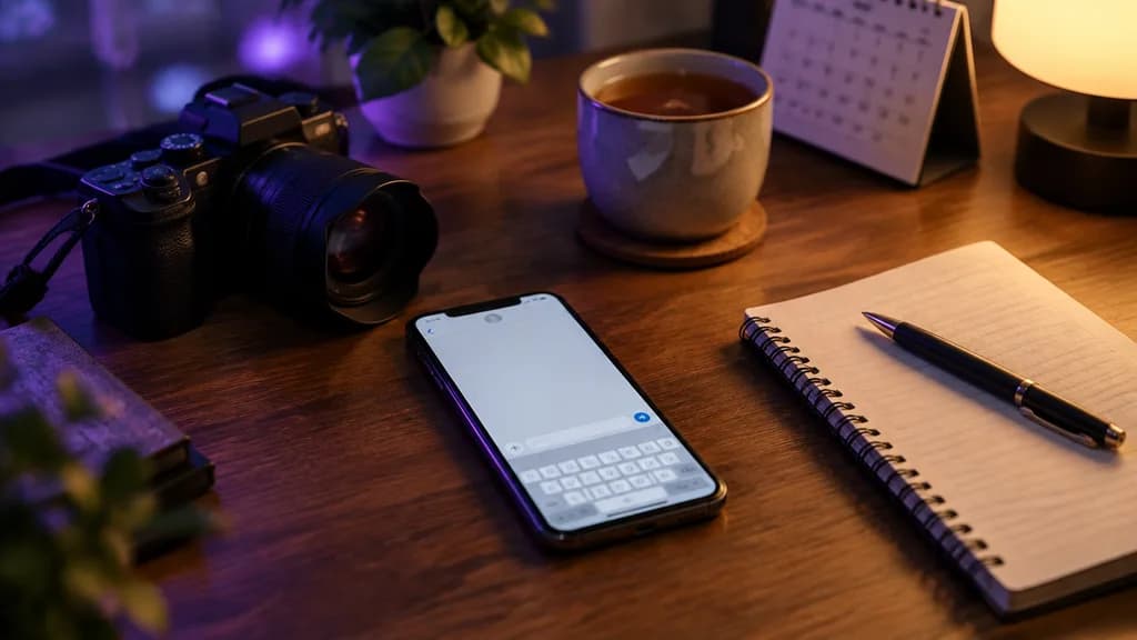 Telefon z otwartą skrzynką wiadomości leży obok aparatu i notesu na biurku fotografa w fioletowym świetle