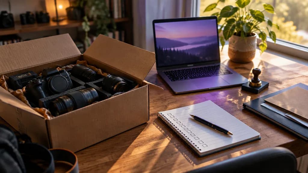 Biurko fotografa w fioletowym świetle: laptop z otwartym arkuszem, aparat, notes z odręczną listą zadań i kubek kawy