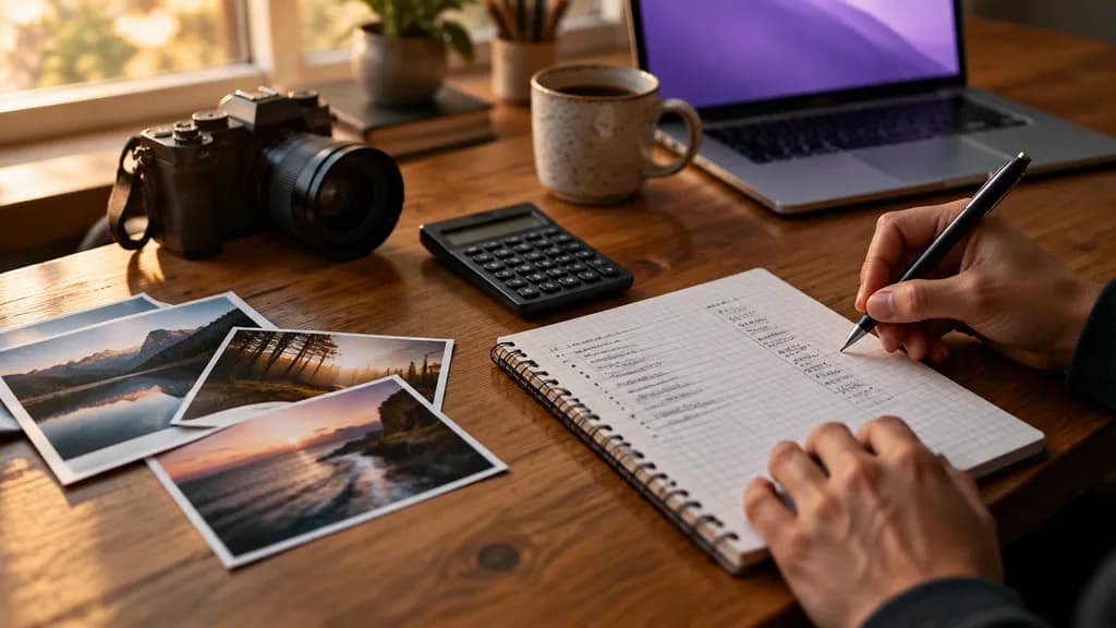 Biurko fotografa w fioletowym świetle: laptop z arkuszem kalkulacyjnym, kalkulator, obiektyw, kubek kawy i kartka z odręcznymi wyliczeniami