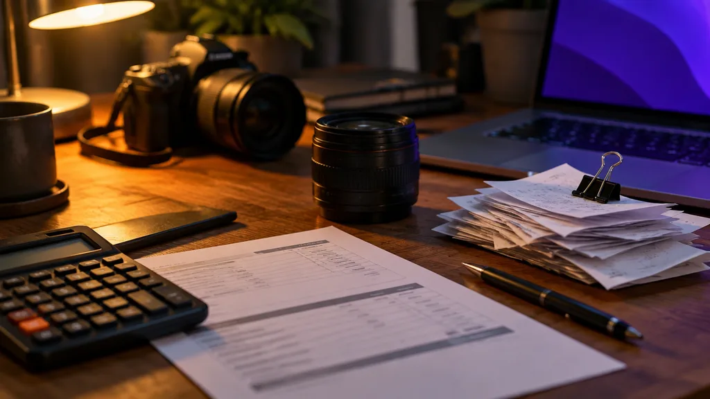 Biurko fotografa w fioletowym świetle: laptop z pustym arkuszem kalkulacyjnym, kalkulator, segregator z fakturami i obiektyw położony na dokumentach