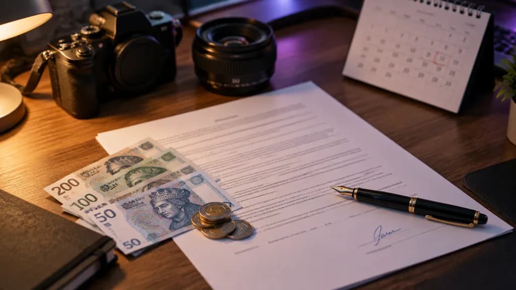 Biurko fotografa w fioletowym świetle: otwarty notes z kalkulatorem, długopis, aparat i wydrukowana umowa z miejscem na podpis